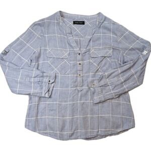 Ivanka Trump Striped Popover Blouse Womens Blue White Roll Tab Sleeve (M)*